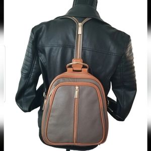 NWT Valentina Italian Pebbled Leather Sling Backpack/Shoulder Bag Dark Taupe